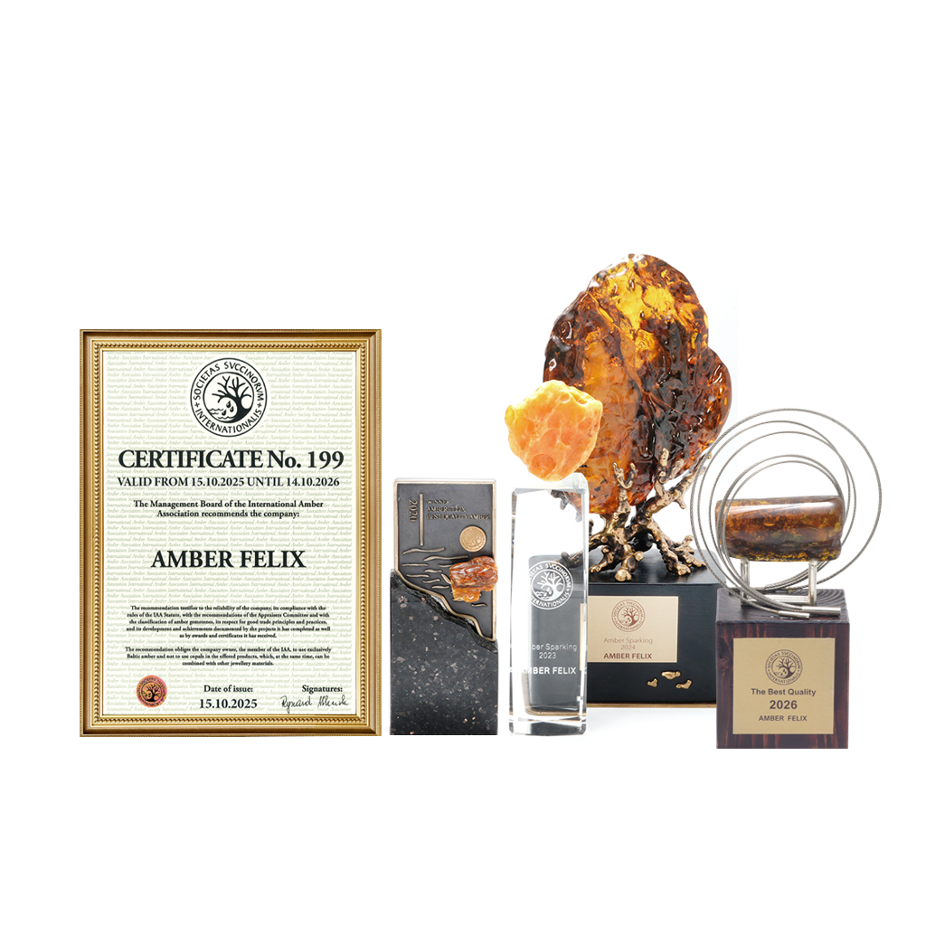 Amber Felix 的 IAA 國際琥珀協會推薦證書與 Amber Sparkling、Best Quality 琥珀獎座